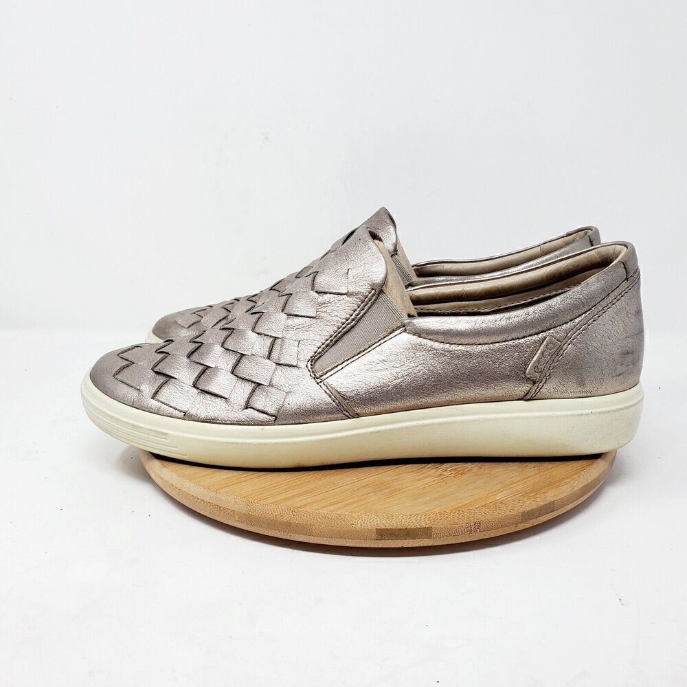 ECCO Shoes‎ Womens 41 Soft 7 Woven Silver Leather Slip On Sneaker Comfort